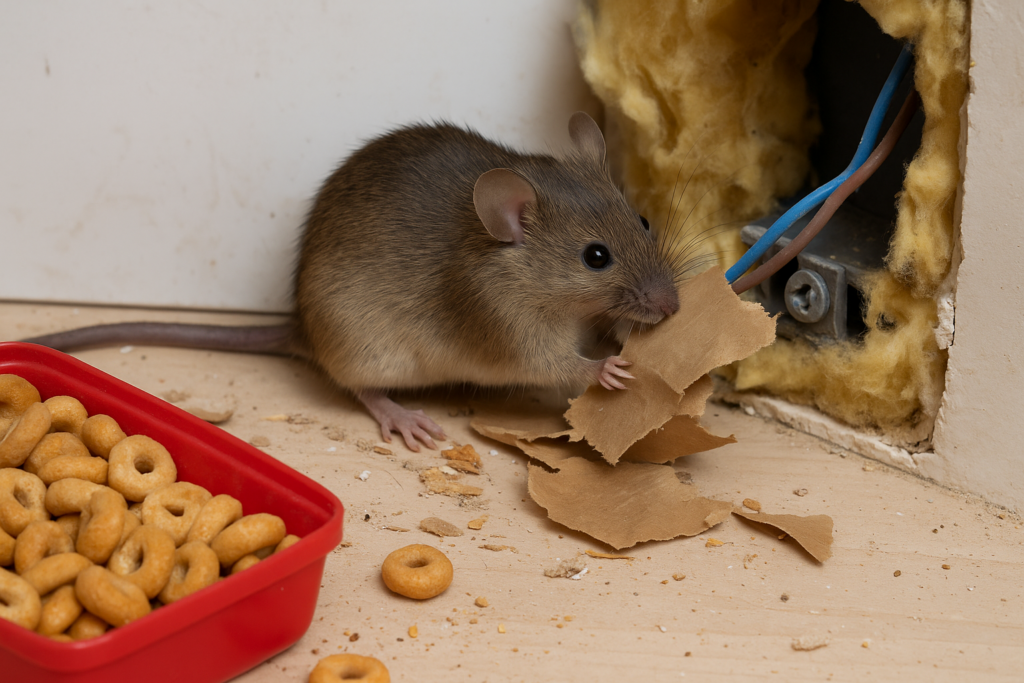 Image showing a rodent chewing on wires and insulation in a home.