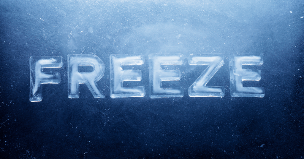 Stylized image with FREEZE shown in ice to illustrate winter weather.