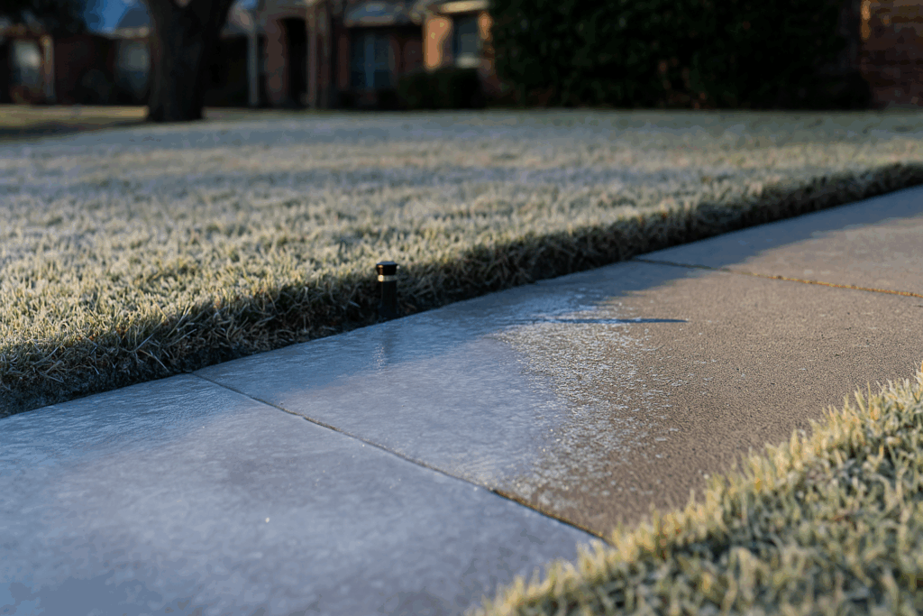 Photograph of a sidewalk frozen with ice caused by someone's automatically sprinkler running when the weather is below freezing.