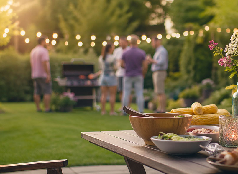 Friends gathered around a backyard grill at sunset with food on the patio table and string lights overhead