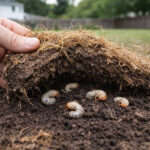 White grub worms visible in the soil beneath pulled-back turf, showing the underground root damage that causes dead patches in North Texas lawns.