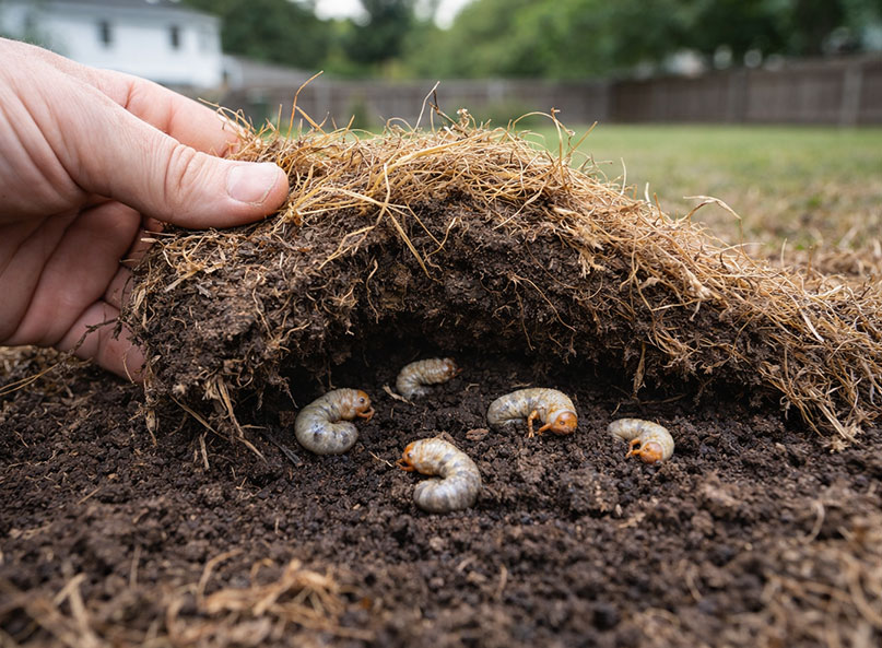 White grub worms visible in the soil beneath pulled-back turf, showing the underground root damage that causes dead patches in North Texas lawns.
