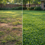 Alt text: Before and after comparison of a North Texas lawn. Left side shows a struggling backyard with bare soil patches, thin grass, and sparse coverage. Right side shows the same lawn area transformed — thick, dense, deep green turf with full coverage. Mature trees and a tan brick home visible in the background.