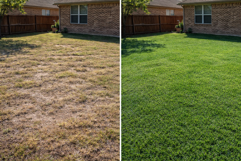 Side by side comparison of a stressed Bermuda lawn and a fully recovered healthy lawn in North Texas