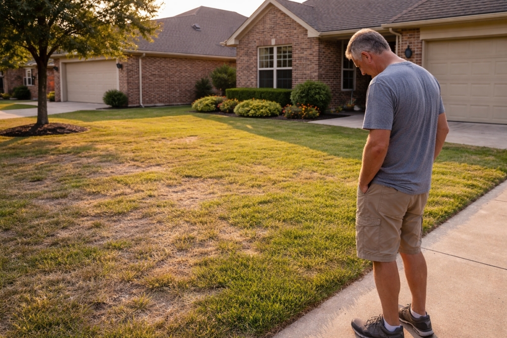 North Texas homeowner examining a thin patchy lawn in his backyard