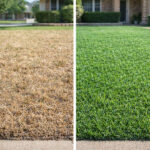 Alt text: Split view of two North Texas lawns in spring: dry, pale Bermuda grass on the left versus lush, green, well-watered Bermuda on the right — showing the difference irrigation timing makes during a warm, dry spring.