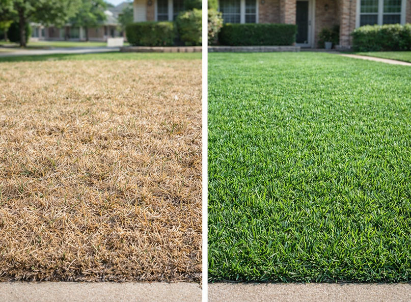 Alt text: Split view of two North Texas lawns in spring: dry, pale Bermuda grass on the left versus lush, green, well-watered Bermuda on the right — showing the difference irrigation timing makes during a warm, dry spring.