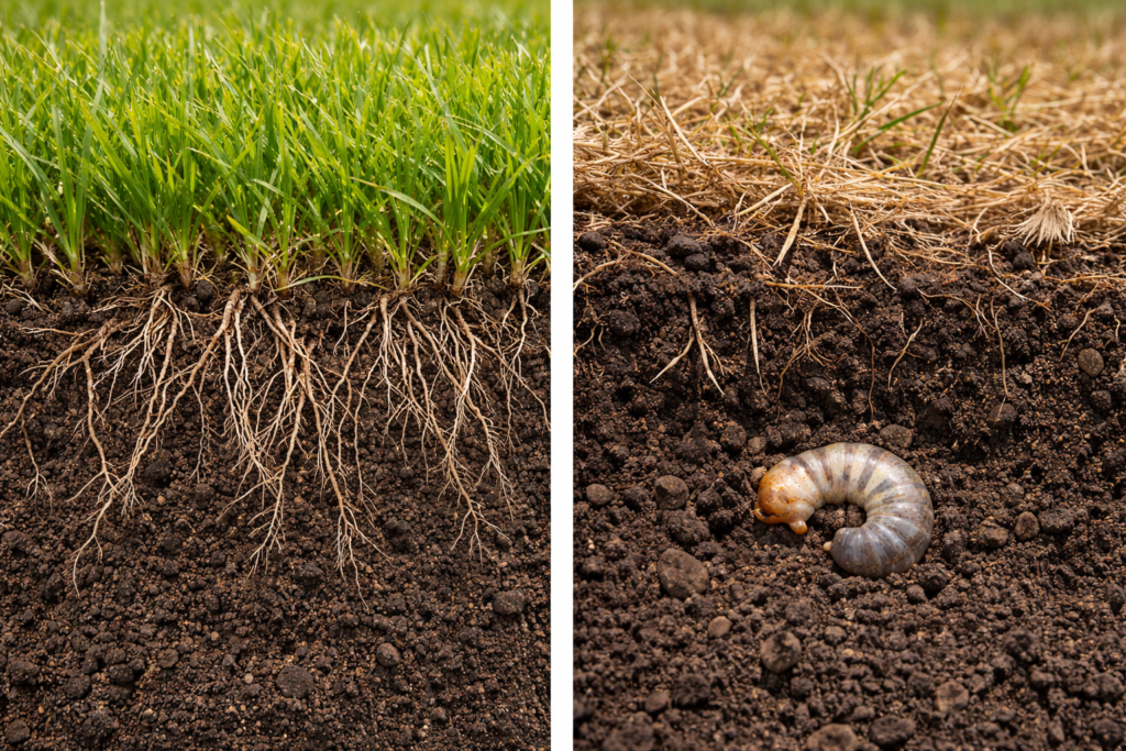 Close-up cross-section of St. Augustine grass showing healthy white roots on the left and grub-damaged roots with visible soil disruption on the right, illustrating underground lawn damage in North Texas.