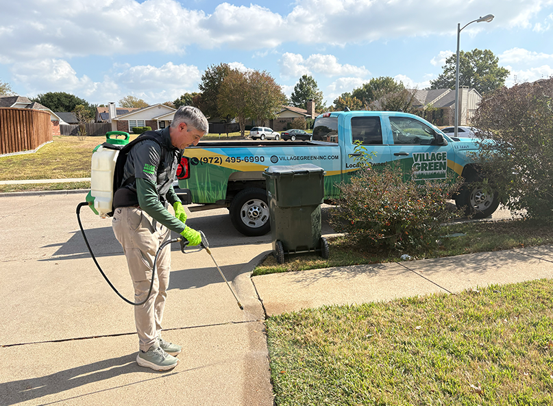 A pest control technician applies a liquid treatment along the edge of a driveway and sidewalk, targeting the perimeter where insects travel to prevent them from entering the home.