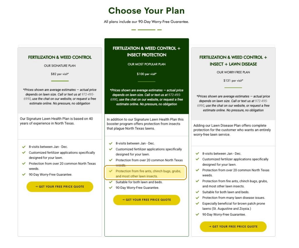 Village Green lawn health plan comparison showing insect protection plan with grub coverage highlighted