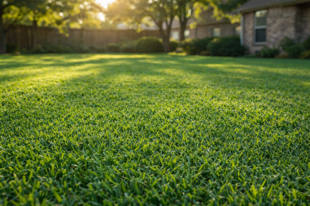 Lush, thick St. Augustine grass lawn in a North Texas suburban backyard, photographed at ground level in warm early morning sunlight. The turf is dense, deep green, and weed-free. Mature shade trees, a wooden privacy fence, and a tan brick home are visible in the softly blurred background.