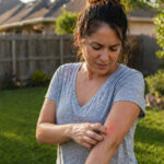 Woman scratching a mosquito bite on her arm while standing in a North Texas backyard