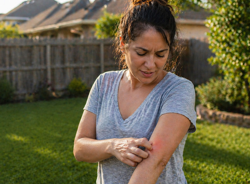 Woman scratching a mosquito bite on her arm while standing in a North Texas backyard