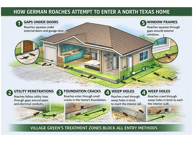 Cutaway diagram of a North Texas home showing how German roaches enter through gaps under doors, utility penetrations, foundation cracks, weep holes, garage connections, and window frames. Green treatment zones illustrate a perimeter pest control barrier that blocks entry points.
