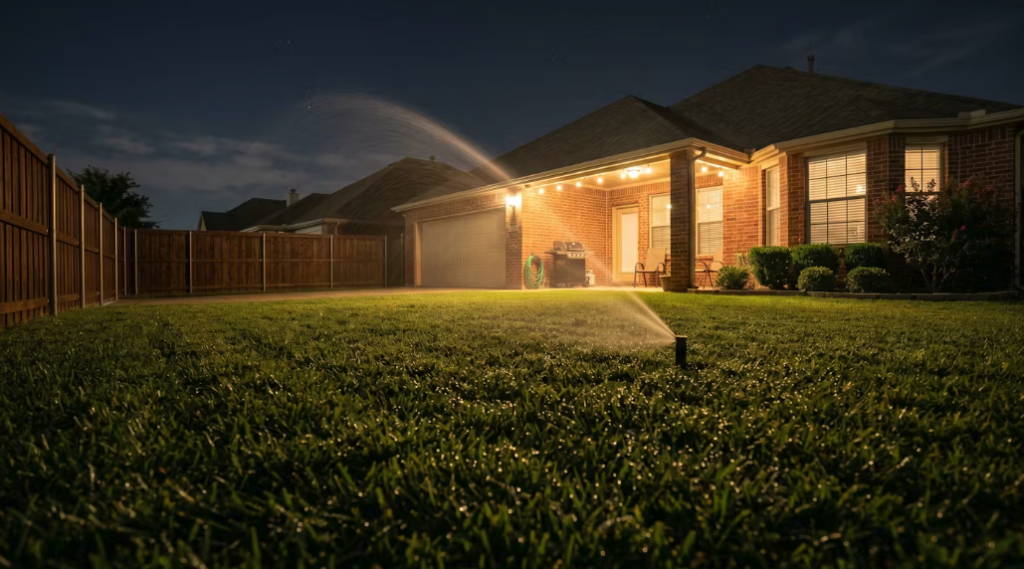 A sprinkler system watering a residential lawn at night in Plano, Texas, with water droplets visible on the grass and a brick home lit by porch lights in the background — an example of nighttime watering that increases brown patch risk.