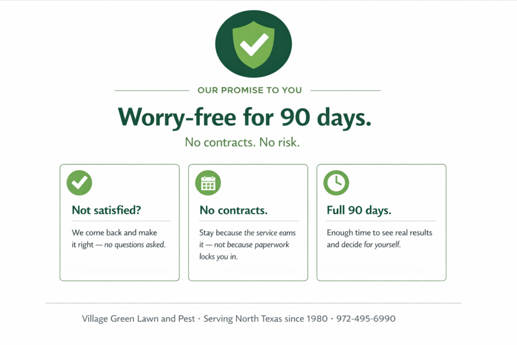 Village Green Lawn and Pest 90-Day Worry-Free Guarantee graphic. Dark green shield icon with checkmark at top. Headline reads: Worry-free for 90 days. No contracts. No risk. Three promise cards below: Not satisfied — we come back and make it right, no questions asked. No contracts — stay because the service earns it, not because paperwork locks you in. Full 90 days — enough time to see real results and decide for yourself. Footer reads: Village Green Lawn and Pest, serving North Texas since 1980, 972-495-6990.