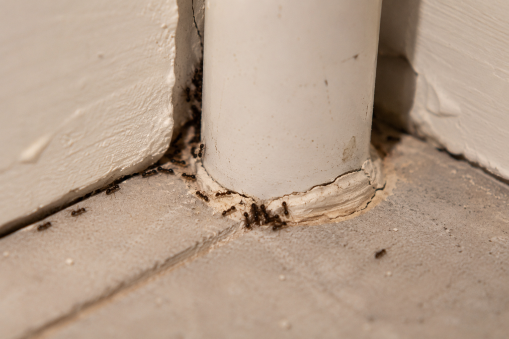 Small dark ants clustered around the base of a PVC pipe where it meets the floor, with cracked and failing caulk visible at the penetration point — a common ant entry point in North Texas homes