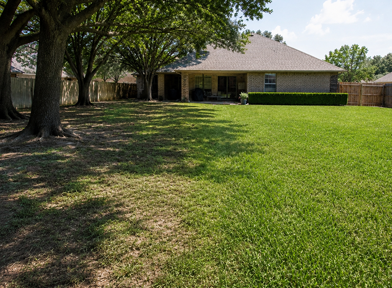 St. Augustine lawn with thinning due to shade from mature trees.