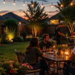 Neighbors relax on a backyard patio during a warm North Texas summer evening with string lights overhead, landscaped garden beds, and a grill in the background. The scene feels candid and inviting, showcasing an enjoyable outdoor space designed for comfort and entertaining.