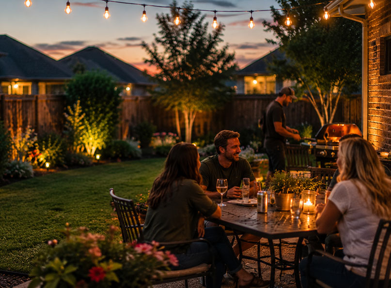 Neighbors relax on a backyard patio during a warm North Texas summer evening with string lights overhead, landscaped garden beds, and a grill in the background. The scene feels candid and inviting, showcasing an enjoyable outdoor space designed for comfort and entertaining.