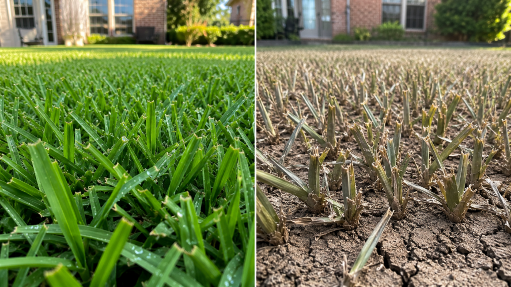 Side-by-side comparison of St. Augustine grass in a North Texas suburban lawn. Left side shows healthy, thriving turf with wide, flat, deep green blades and dense coverage in soft morning light. Right side shows drought-stressed St. Augustine with folded leaf blades, dull gray-green color, thinning turf, and dry cracked clay soil under harsh summer sunlight.