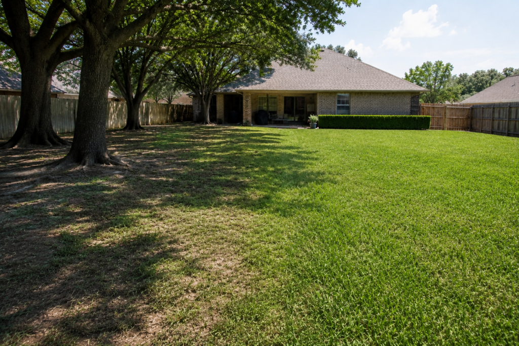 Side-by-side ground-level view of a North Texas backyard showing healthy, thick St. Augustine grass on the left and thin, patchy turf with visible bare soil on the right, with the text "It's Not Your Soil." overlaid in white.