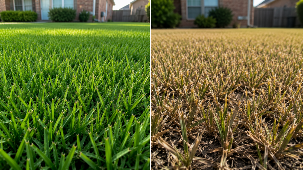 Close-up photograph of drought-stressed Zoysia grass in a North Texas lawn with blade tips turning tan and straw-colored while the base remains dull green. The turf appears thin and dry with patches of exposed clay soil under bright summer sunlight.