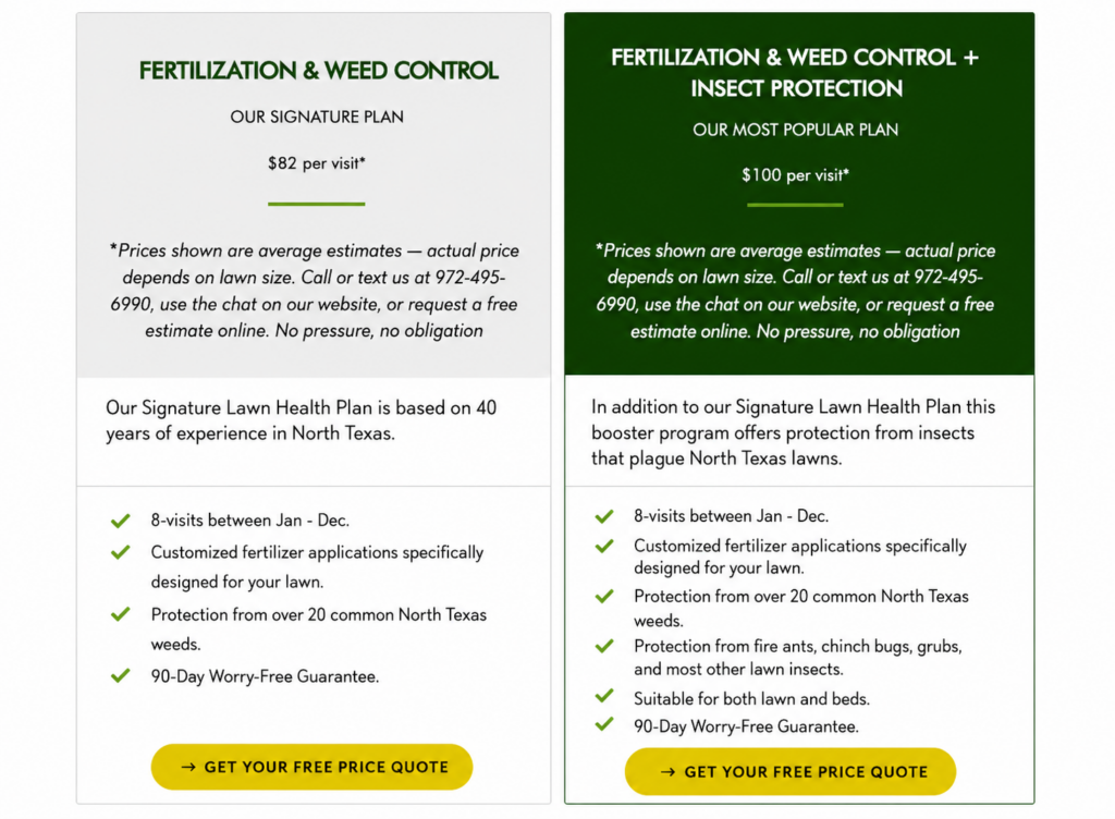 Side-by-side comparison of Village Green's two lawn care plans. The left panel highlights the Signature Fertilization & Weed Control Plan, while the right panel features the Fertilization & Weed Control + Insect Protection Plan. The comparison outlines pricing, included services, and key benefits, making it easy for homeowners to compare the standard lawn health program with the enhanced plan that adds protection against common North Texas lawn insects such as chinch bugs, grubs, and fire ants.