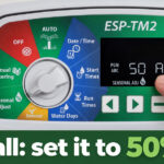Finger pointing to a Rain Bird ESP-TM2 sprinkler controller display set to 50% seasonal adjust, with text: Fall: set it to 50%