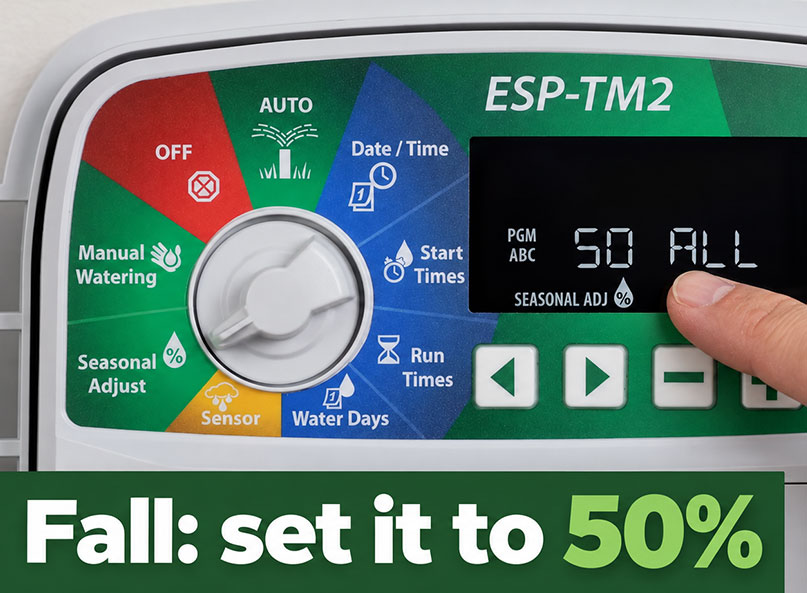 Finger pointing to a Rain Bird ESP-TM2 sprinkler controller display set to 50% seasonal adjust, with text: Fall: set it to 50%