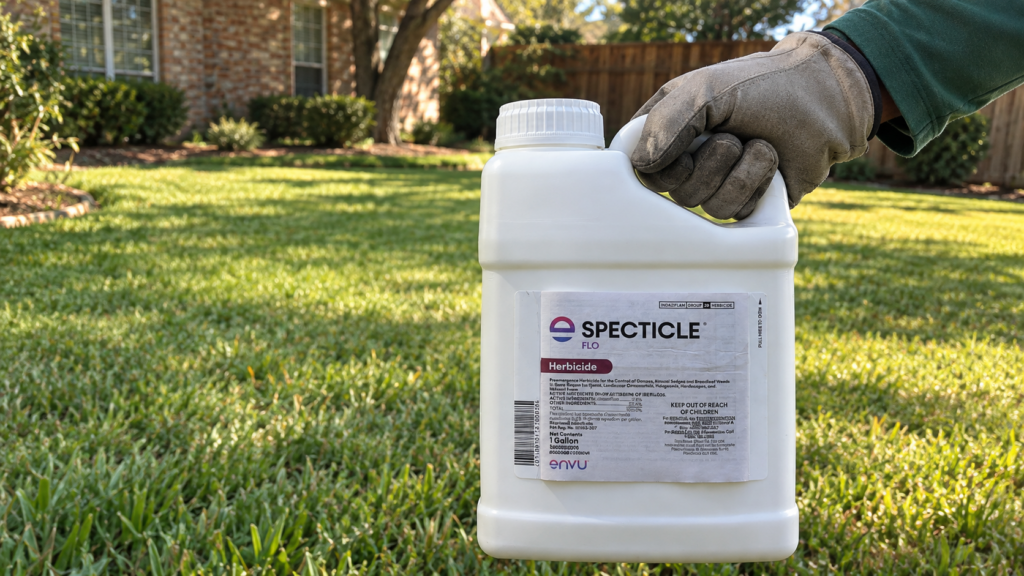 Gloved hand holding a one-gallon jug of Specticle FLO pre-emergent herbicide above a bermuda grass lawn in front of a brick home