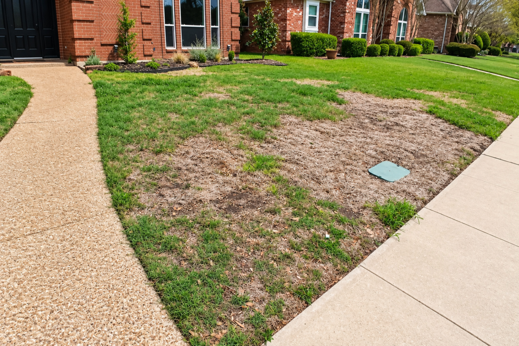 Richardson, Texas front lawn in August 2025, mostly filled in with green Bermuda and a few thin spots remaining near the curb