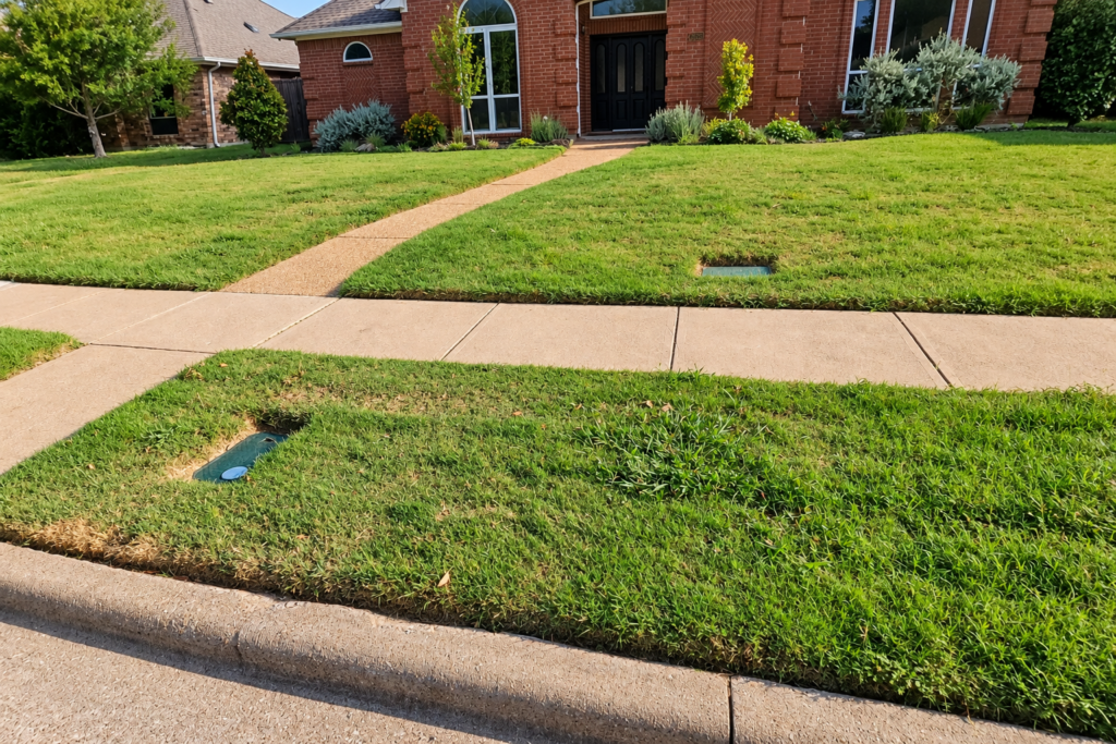 Richardson, Texas front lawn in August 2026, filled in with thick green Bermuda on both sides of the walkway, with no re-sodding