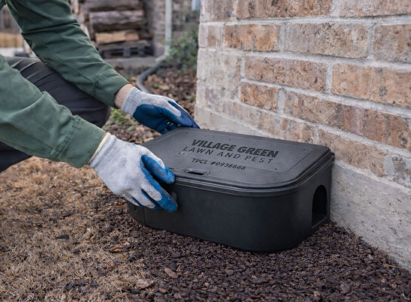 Village Green technician placing a tamper-resistant rodent bait station along the foundation of a brick home