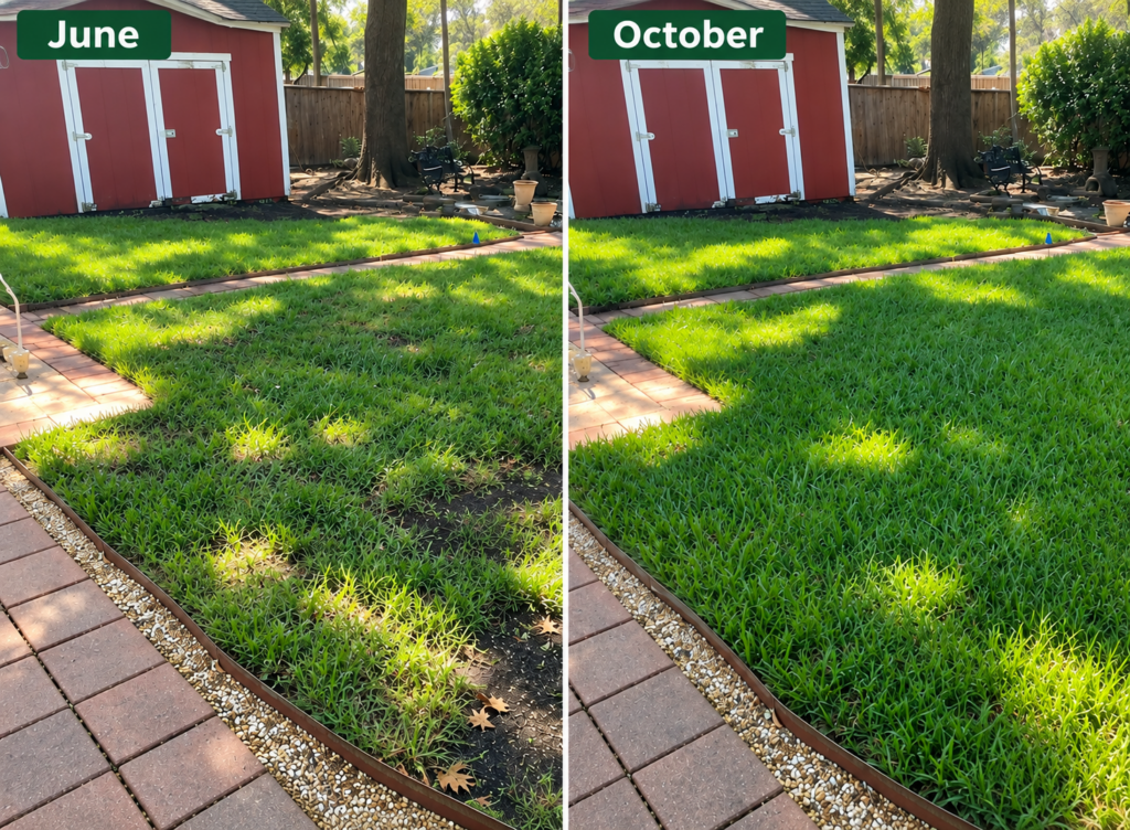Before-and-after comparison of a North Texas backyard lawn, showing thin, patchy grass in June and thicker, greener grass in October after four months of lawn care.