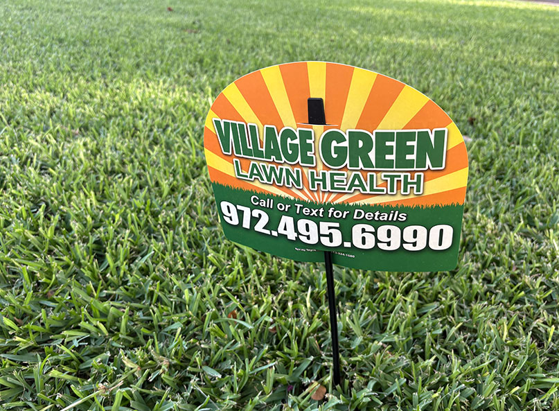 Village Green Lawn Health yard sign displayed in a thick, healthy green lawn, featuring the company name and phone number, 972-495-6990.