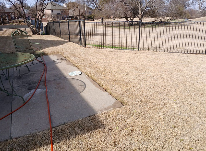 Orange treatment hose across a dormant backyard lawn beside a patio during a winter visit in North Texas.